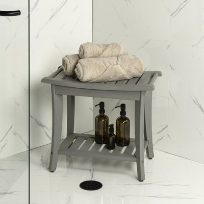 Tucker 22.1" Traditional Classic Slatted Solid Acacia Wood Indoor/Outdoor Shower Bench with Shelf and Handle