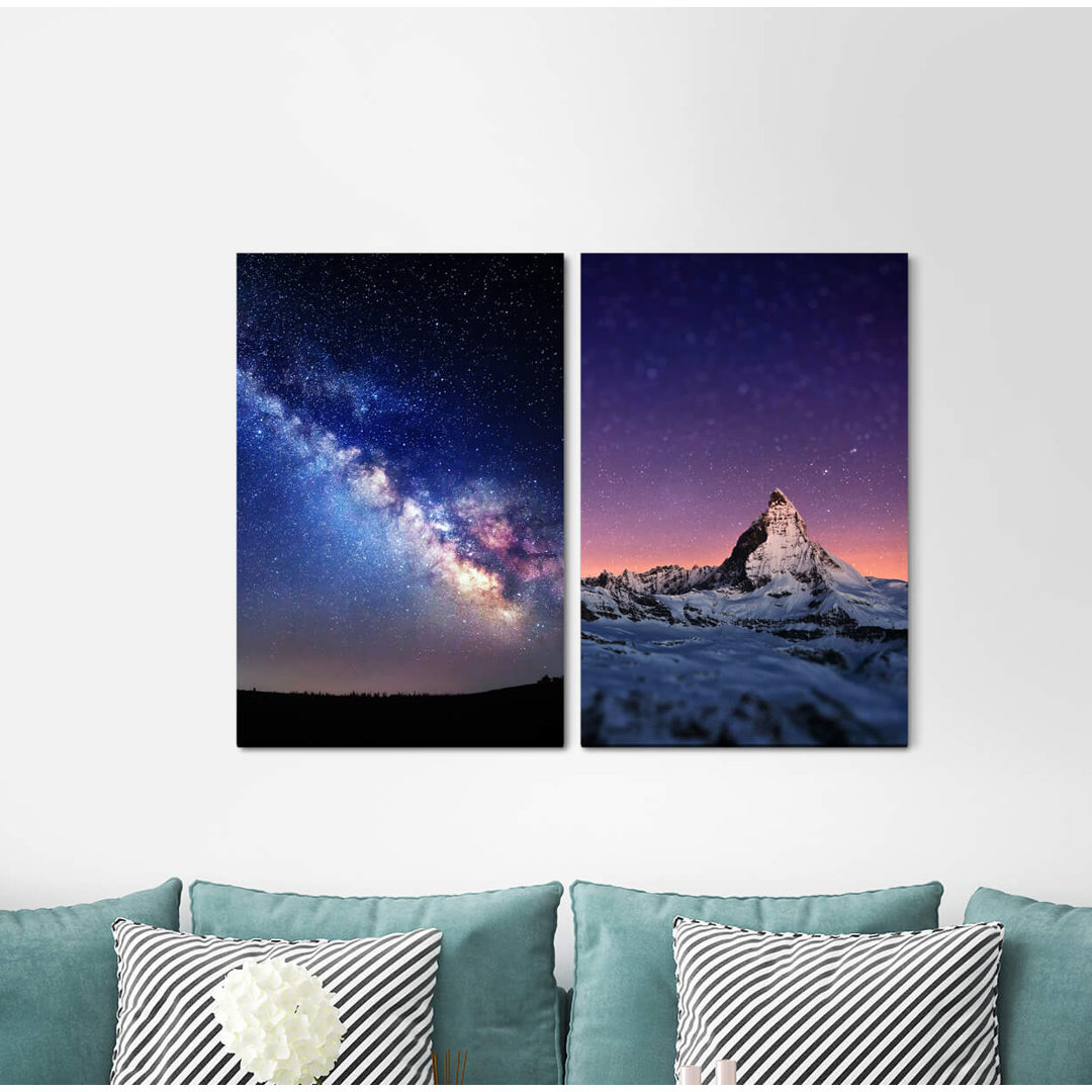 2-tlg. Leinwandbilder-Set - Fotografie „Matterhorn Alps Stars Milky Way Night Raised”