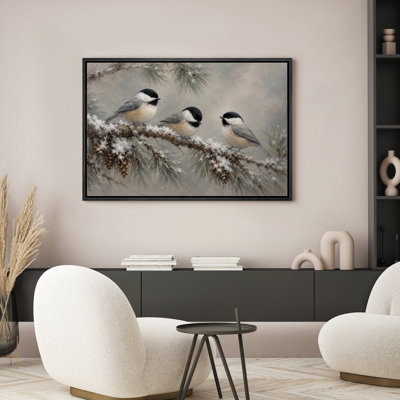 Three Chickadees on Snowy Pine Branch Winter Decor Framed Canvas Master Bedroom Wall Art Work Print