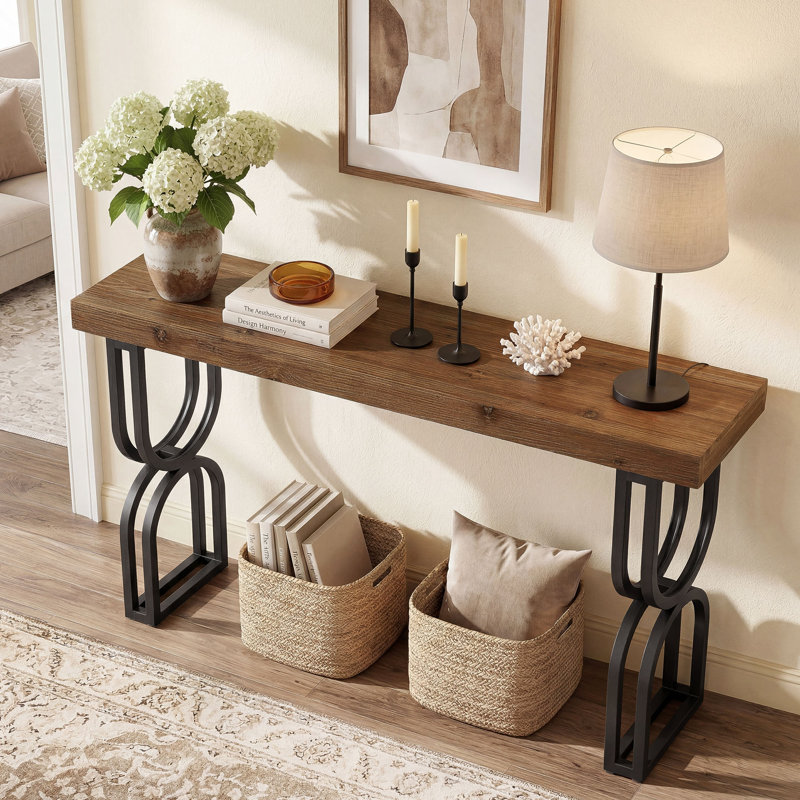 59" Solid Wood Console Table with Metal Base, Industrial  Entryway Table For Entrance & Hallway, Sofa Couch Table For Living Room, Foyer Table