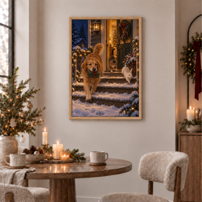 Golden Retriever Holding Wrapped Gift On Snowy Christmas Canvas Wall Art