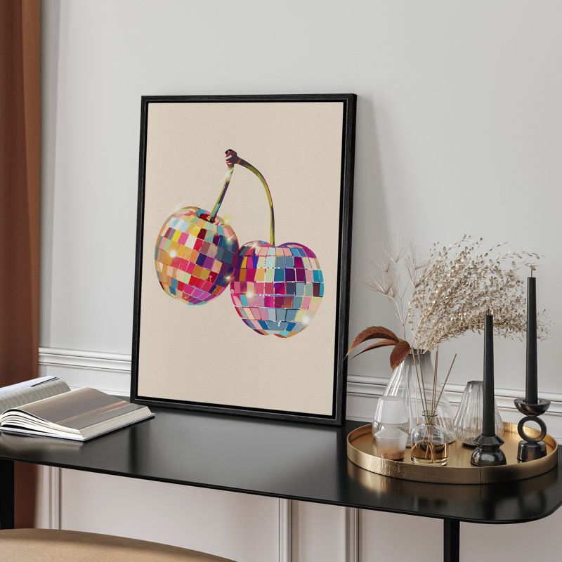 Disco boule cerises art disco affiche abstraite cerise fruit moderne boho BCBG décoration murale, Noir, H 24 po x l 16 po