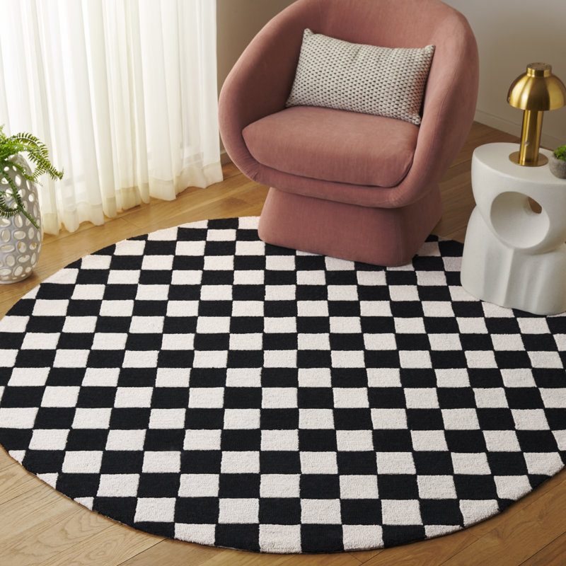 Grandberry Ebony Hand Tufted Wool/Cotton Geometric Rug in Black/Ivory, Round 6'