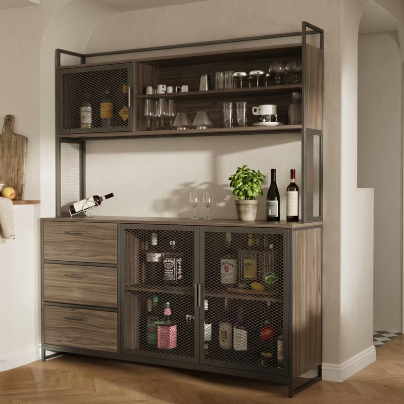 Industrial Bar Cabinet With Wire Doors & 3 Drawers, Brown