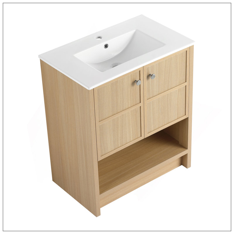Évier de salle de bain autoportant polyvalent en céramique, 2 portes à fermeture douce, chêne, contreplaqué, 30"
