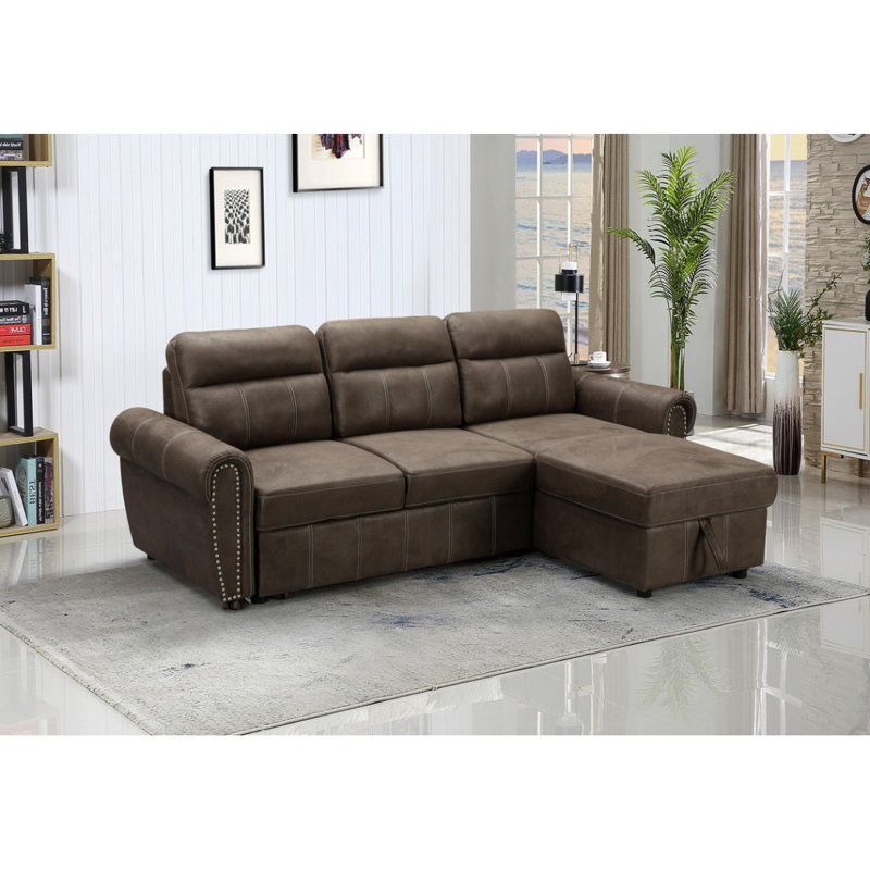 Modern Sofa Ashton 96" Saddle Microfiber Reversible Sleeper Sectional Sofa Chaise
