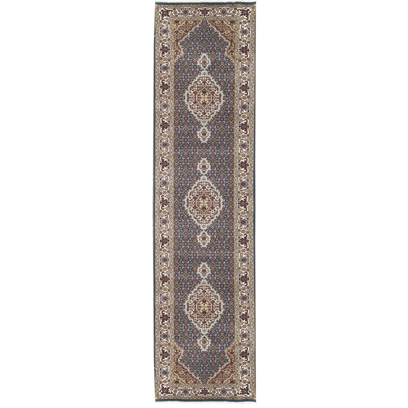 Hand-Knotted High-Quality Dark Blue and Cream Runner