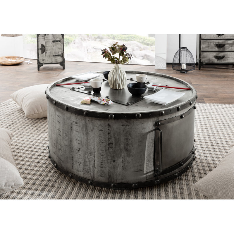 Tokyo Solid Wood Drum Coffee Table with Storage, Grey