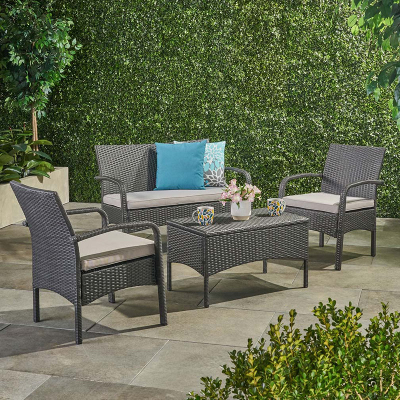 4-Piece Patio Wicker Rattan Sofa Set, Gray Cushion/Gray Frame