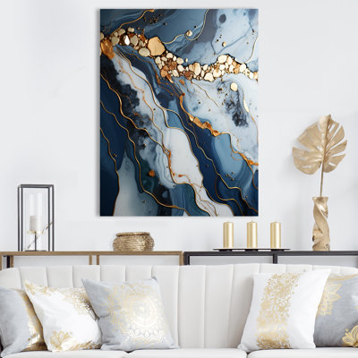 Gold And Blue Geode Art II - Liquid Ink Abstract Wall Art