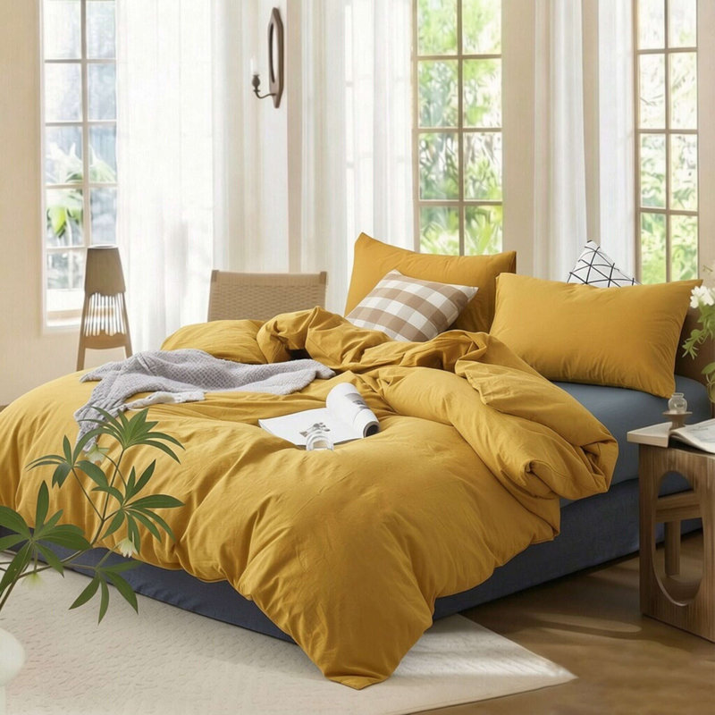 XINMIANFANG 100% Washed Cotton Linen Like Textured 3 Piece Bedding Set Comfy Breathable, Full / Double