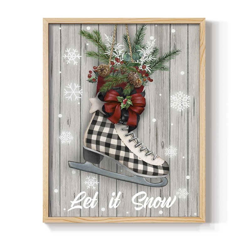 Patins de Noël, reproduction encadrée - bois massif, Naturel, H 15 po x l 12 po