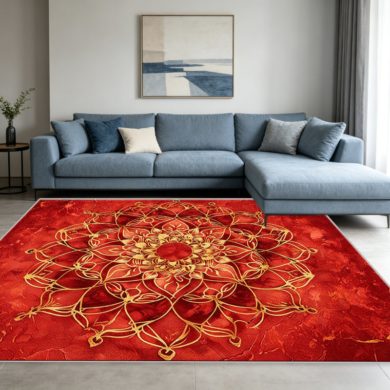 Red Gold Mandala Marble area rugs for Living Room, Soft and Comfortable, Suitable for all seasons, easy to maintain, machine washable Indoor floor mat, Under Table Farmhouse suitable for Bedroom, Dining Room, Study, Patio, Balcony, Home Decor