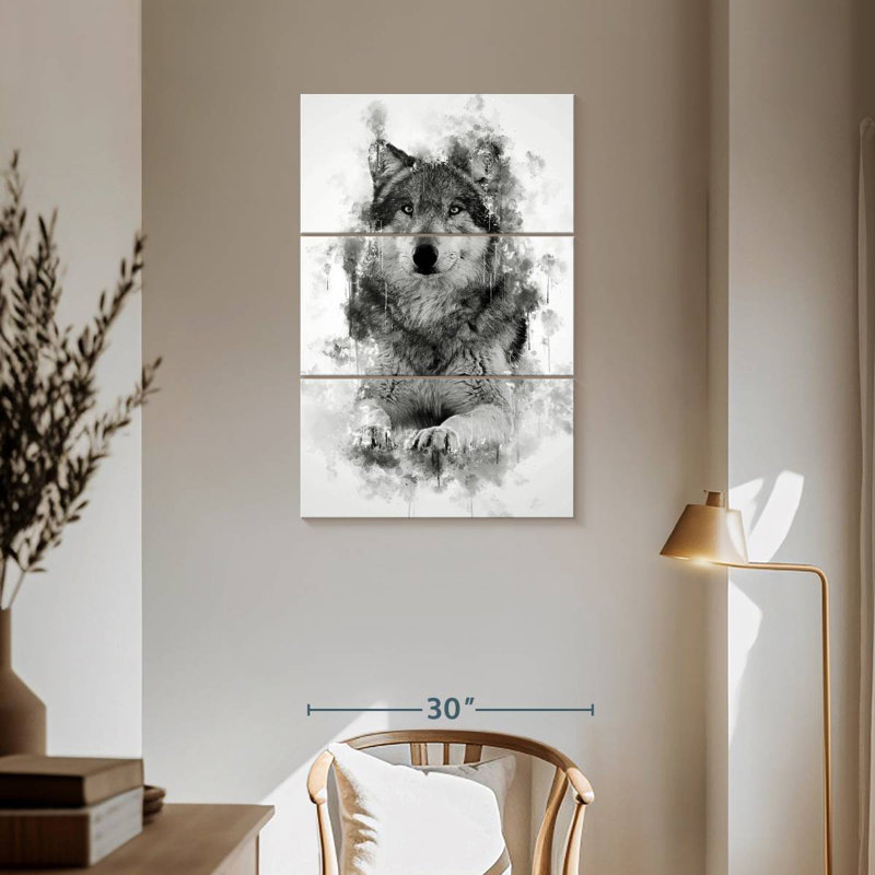 Brampt Wolf Sitting Black And White, 57" H x 36" W