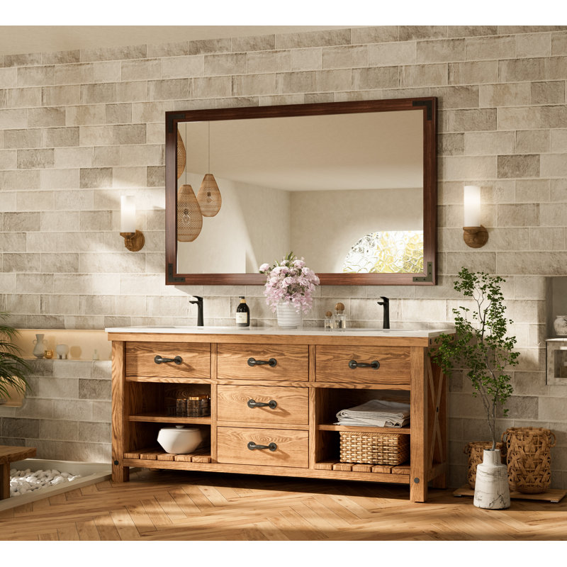 Gwenneth Rectangle Wood Mirror for Bathroom, Solid Pine Wood, 48" x 30", Brown