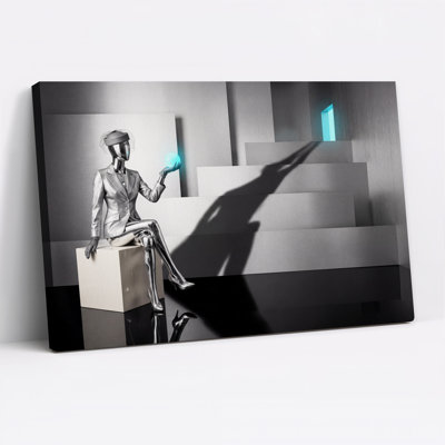 Silver Android Holding Blue Orb On Steps Canvas Wall Art