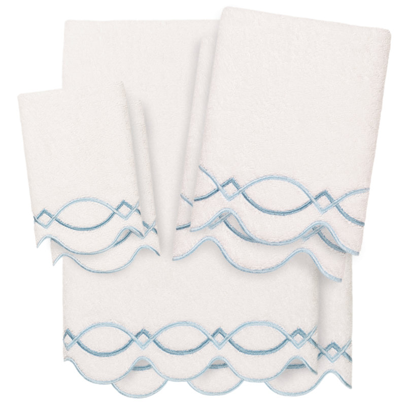  Ensemble de serviettes ornées de festons 100% coton 100% turc DIAMOND CHAIN, Ensemble 6 serviettes de bain, Blanc / Bleu
