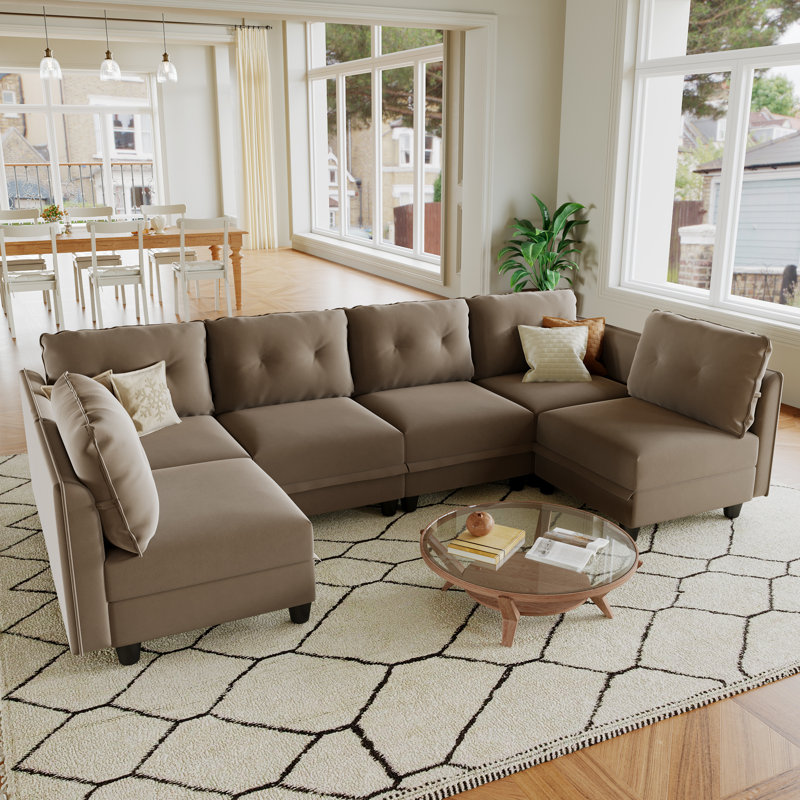 Tomario 6 - Piece Upholstered U-Shaped Modular Sectional With Storage, Brown Polyester