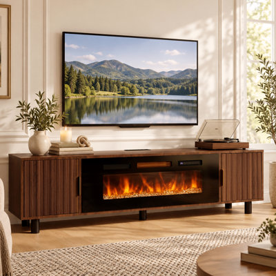 Fluted Electric Fireplace TV Stand for Living Room, Fits TVs up to 75", Mid-Century TV Console with Charging Station
