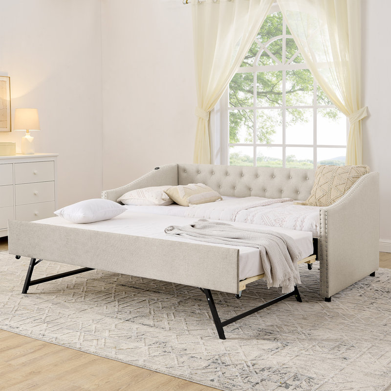 Twin Size Daybed with USB Charging & Pull-out Extendable Bed, with Button on Back and Copper Nail on Waved Shape Arms, Beige