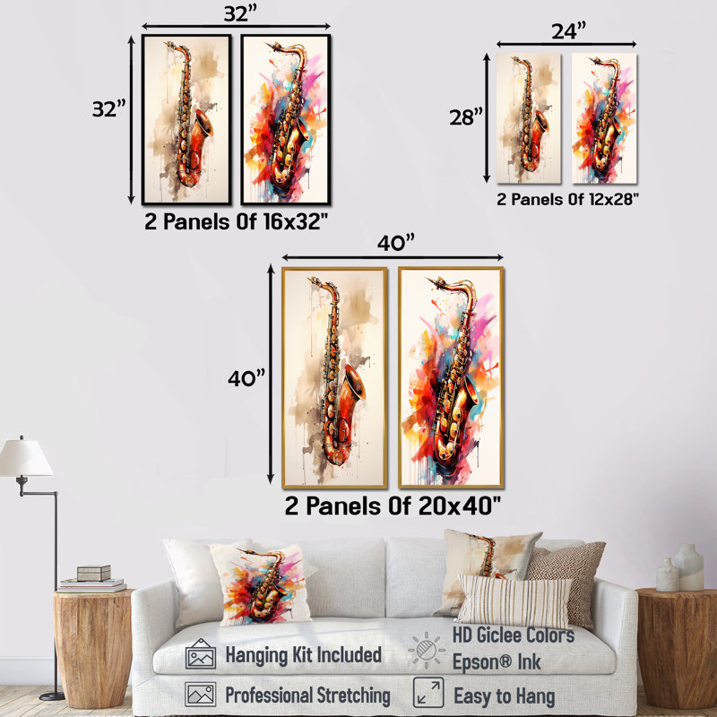 Vibrant Saxophone Swing - ensemble de 2 impressions sur toile, H 32 po x l 33 po, Toile tendue