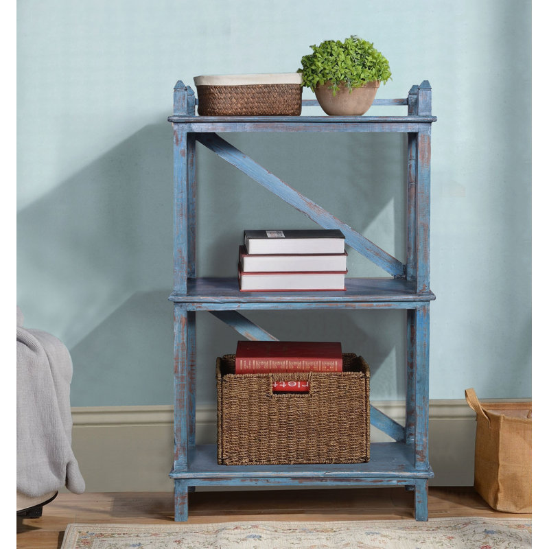 Marlon Distressed Teal Wooden Rack – 3 Tier Bookcase & Small Space Storage Shelf 