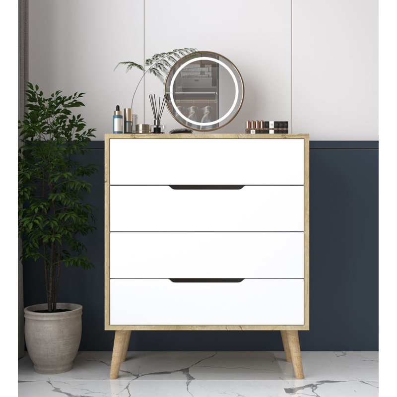 Commode 4 tiroirs - Pieds en bois, Blanc / Chêne