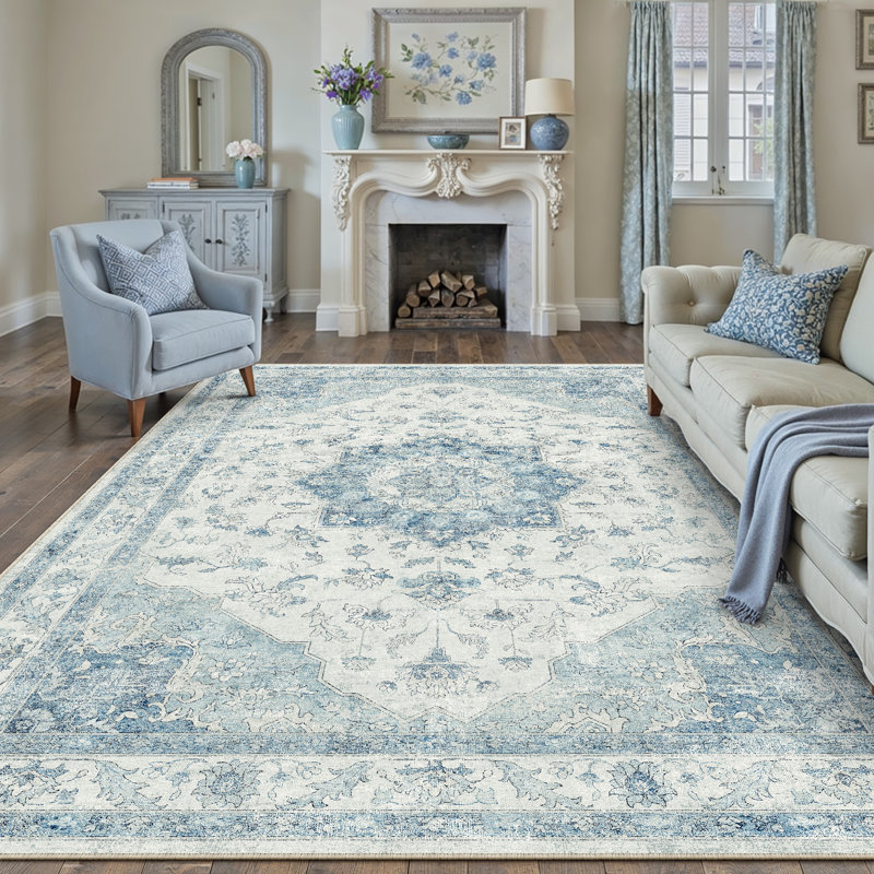 Tapis oriental bleu lavable à la machine Stella, Rectangulaire 8 pi x 10 pi, Bleu