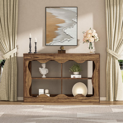 40-Inch Farmhouse Console Table,Wavy Shape Sofa Table Behind Couch,Narrow Wood Console Table With Build-In Storage Space For Entryway, Living Room,Hallway,Brown