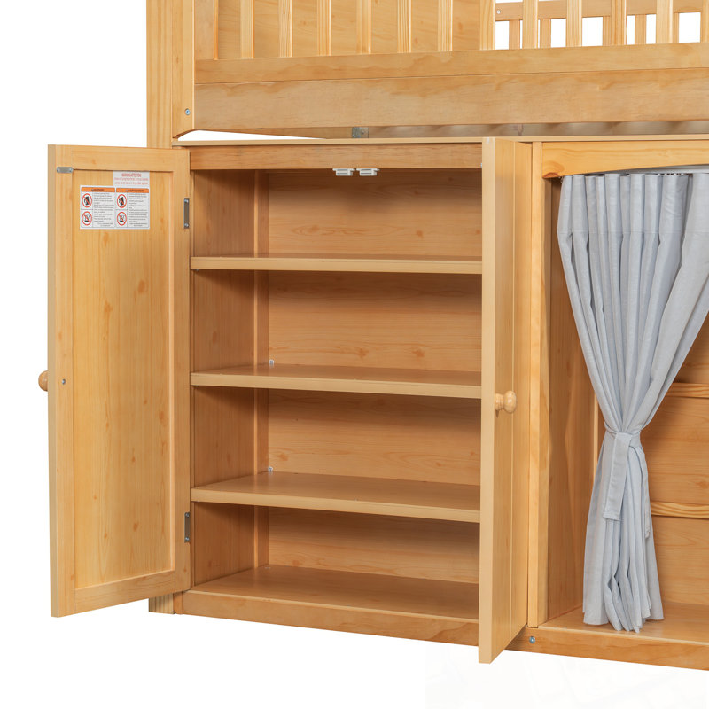 Lit mezzanine double avec armoire de rangement, armoire et DEL, Lit double, Naturel