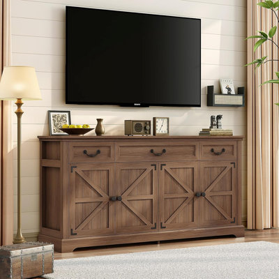 Buffet Farmhouse avec rangement, grande armoire de rangement de cuisine de 65 po avec portes de grange, table basse en bois pour le salon de la salle à manger