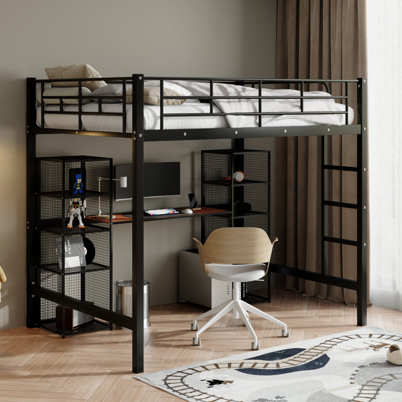 Lit mezzanine double en métal avec bureau intégré et tablettes, Noir / brun