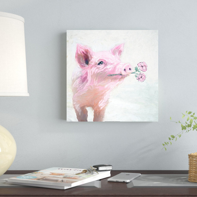 Cochon tenant des fleurs - reproduction sur toile tendue, H 12 po x l 12 po