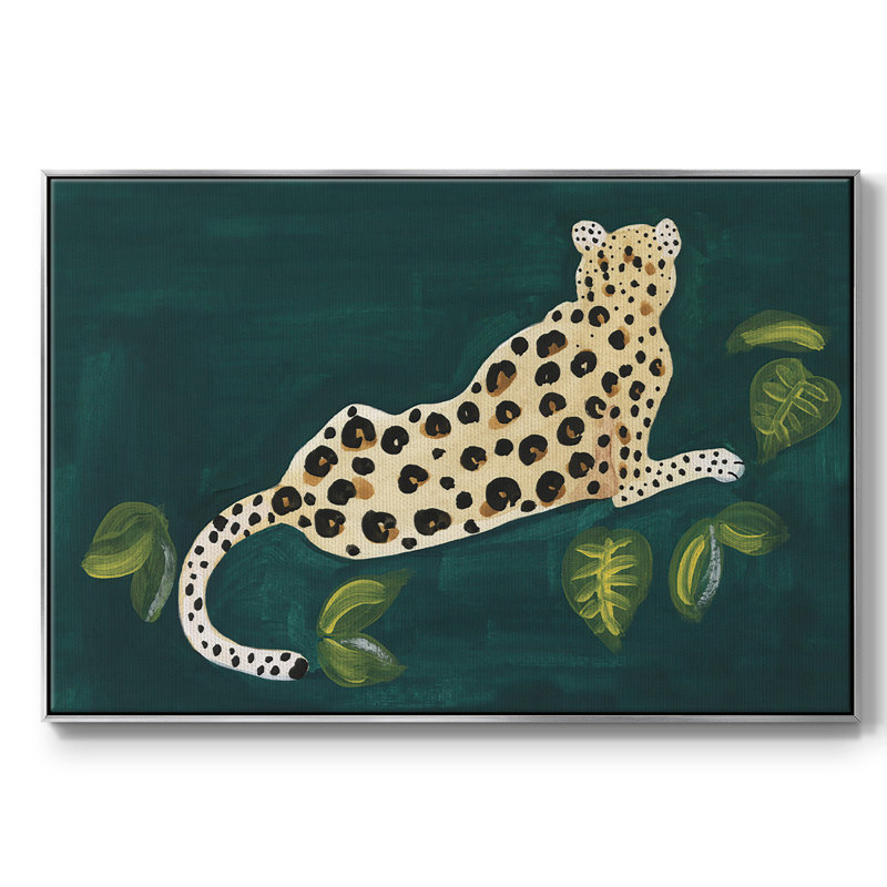 «Lethargic Leopard I», peinture sur toile encadrée, H 17 po x l 25 po x P 2 po, Encadrement argenté