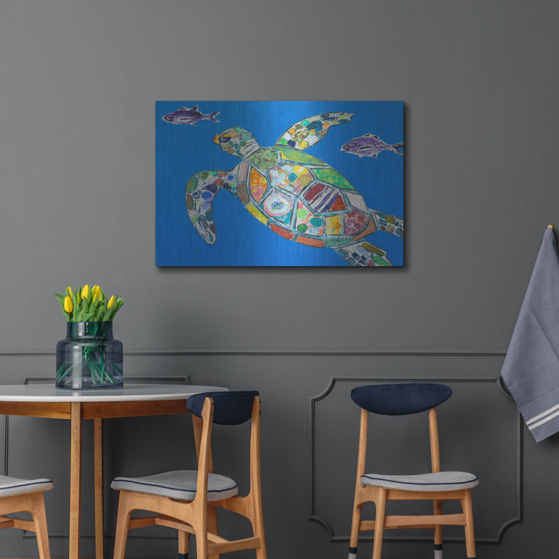 Blue Sea Turtle Metal Wall Art with Colorful Mosaic Design, 36" x 24"