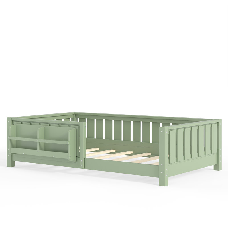 Lit simple pour enfant Montessori avec bibliothèque intégrée, garde-corps de sécurité, lit plateforme à profil bas pour tout-petits, vert