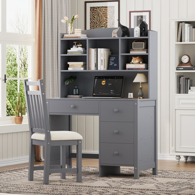 Ensemble de bureau de direction et chaise rembourrée 40 "avec bibliothèque, bureau d'ordinateur à quatre tiroirs, tablette de rangement et chaise Vintage, idéale pour le bureau ou le bureau dans la chambre à coucher ou le salon