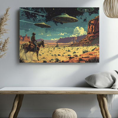 Art mural rétro sur toile désertique futuriste et cavalier solitaire dans une toile de paysage aride prête à être accrochée à la galerie