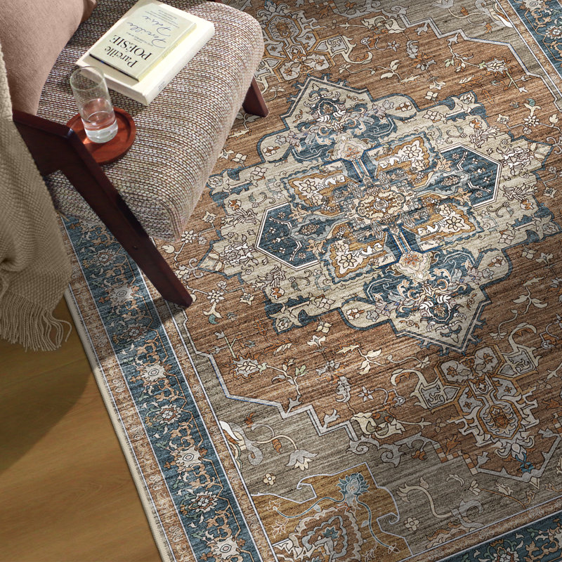 Tapis oriental oriental orange / brun / bleu lavable à la machine antidérapant, Rectangulaire 8 pi x 10 pi