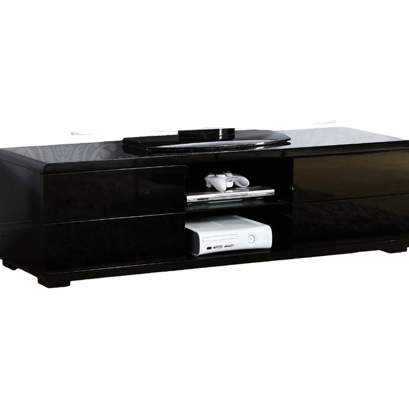 Console contemporaine noire avec revêtement laqué ultrabrillant, tiroirs pleine extension et gestion des câbles arrière, profondeur de 15,31 pouces