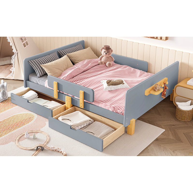 Lit plateforme double avec tiroirs de rangement, structure de lit en bois massif, Gris, Full