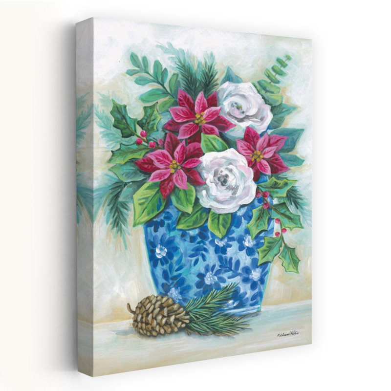 Jardinière de Noël, pin contemporain, poinsettia, art floral hivernal, H 24 po x l 16 po