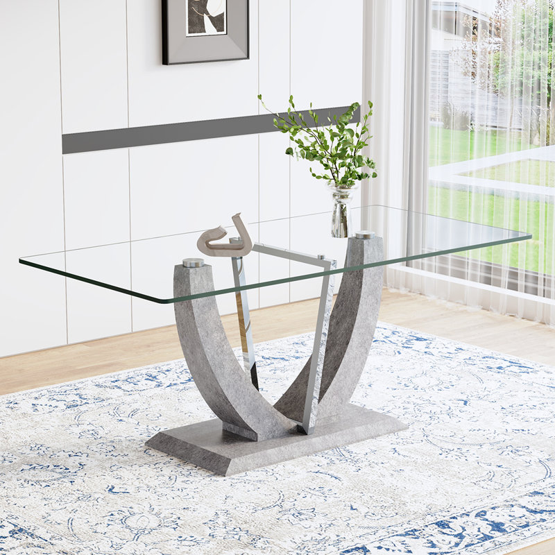 Table de salle à manger en verre de 71 po avec base en bois en U et structure en métal, pouvant accueillir de 6 à 8 personnes