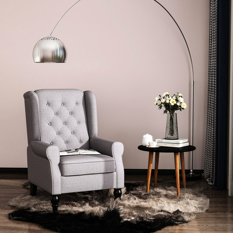 Fauteuil d'appoint à boutons gris avec dossier à oreilles haut, coussin de siège épais et arrondi pour la chambre à coucher