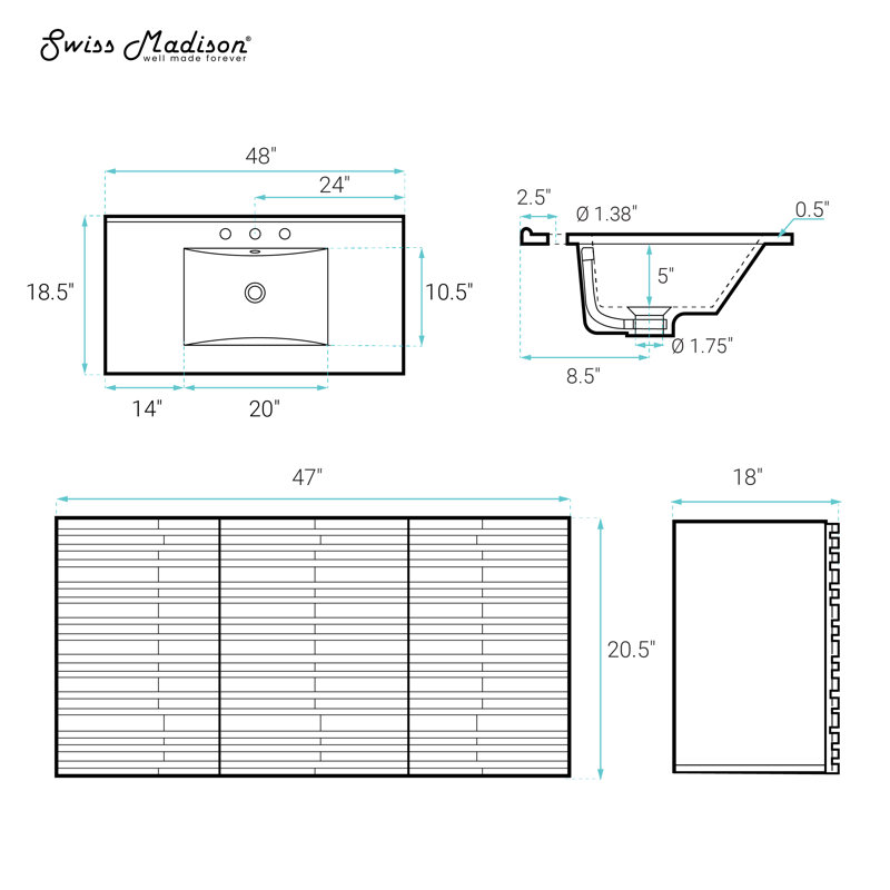 Ensemble de meuble-lavabo mural 48 po Cascade, Noir, 8 po, 48"