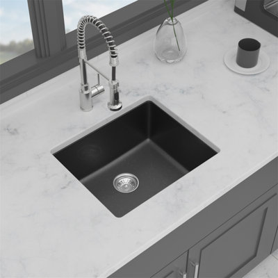 Quartz Kitchen Sink - 21" x 18" x 9.65" Black granite composite undermount bar sink