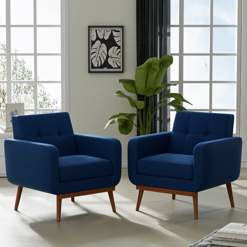 Donka Solid Wood Upholstered Armchairs, Blue Polyester