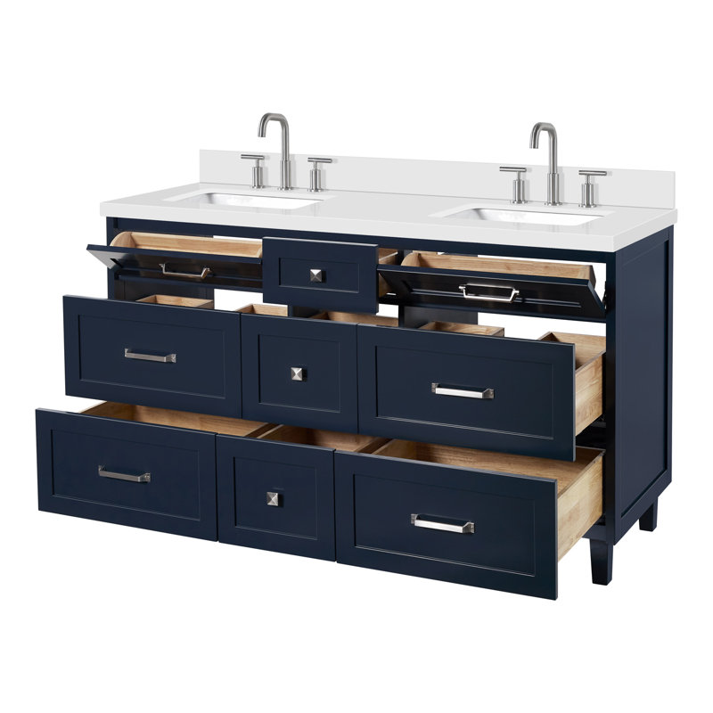Ariel Monroe 61 Inch Double Rectangular Sink Bathroom Vanity With Pure Quartz Countertop, Midnight Blue