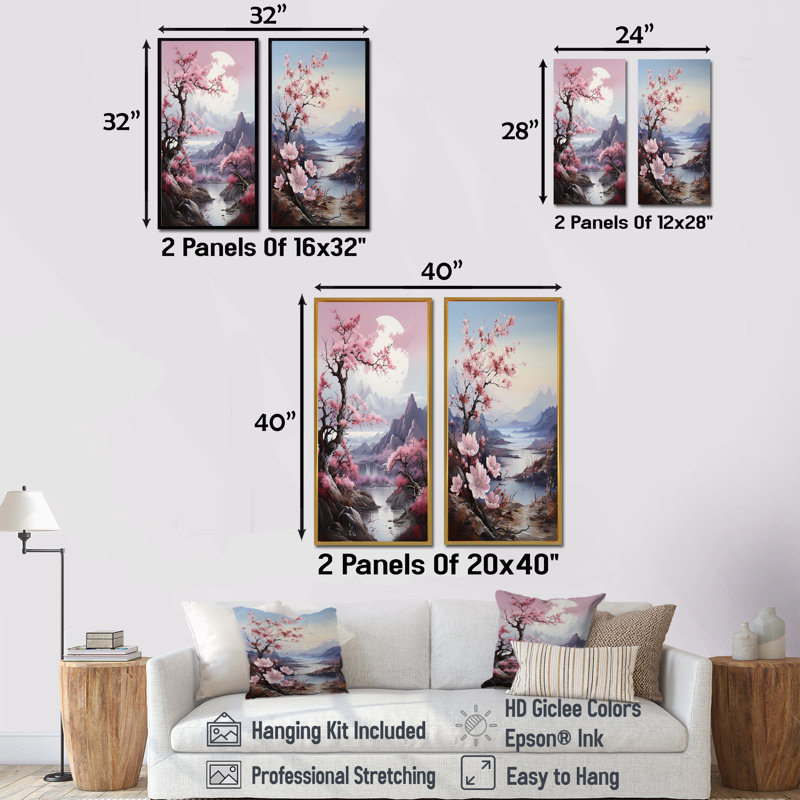 Paysage de cerisier rose du Japon - paysage de mur d'art floral, ensemble de 2, Cadre blanc, H 28 po x l 25 po