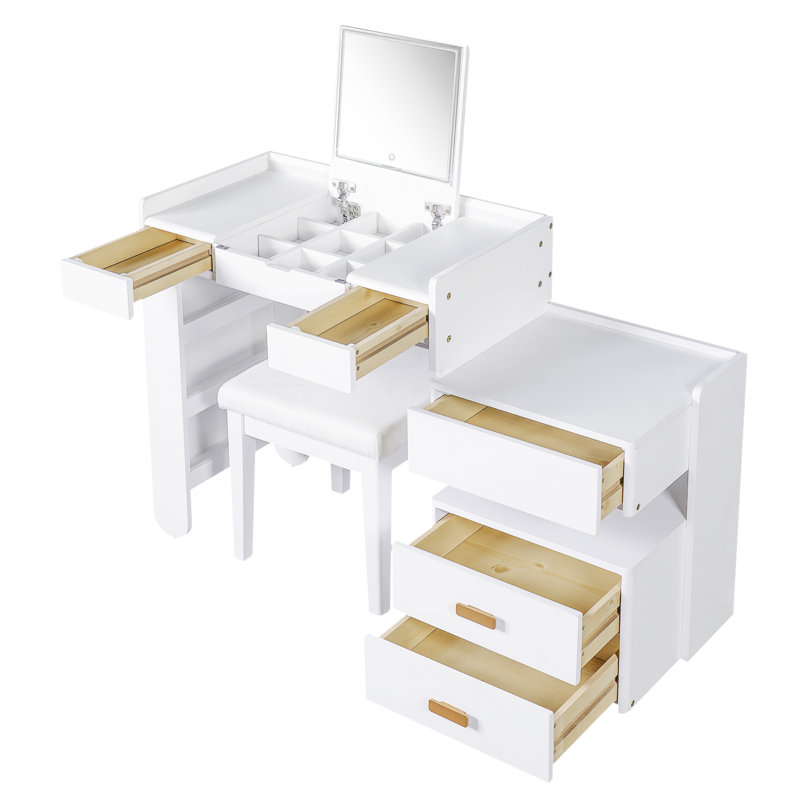 31 coiffeuses avec miroir rabattable, 3 modes d'éclairage couleur et revêtement de tabouret confortable - Ajoutez du confort à votre unité de rangement rétractable à maquillage blanc, bois massif de qualité